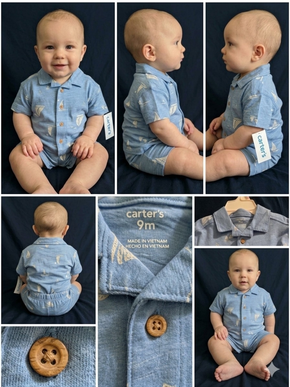 Carter's Light Blue Sailboat Shortall Romper 6-9m